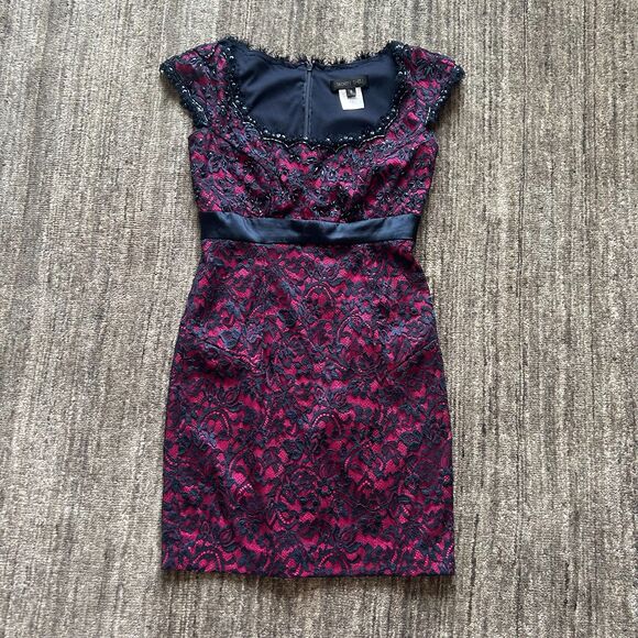 Tadashi Shoji Pink / Navy Beaded and Lace Cocktail Dress, Size 8 - Picture 1 of 9